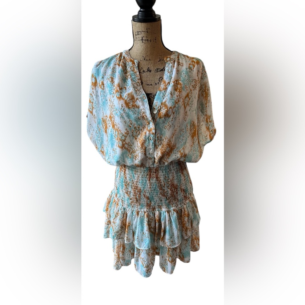 Haha abstract leopard floral print cap sleeve smocked mini dress.